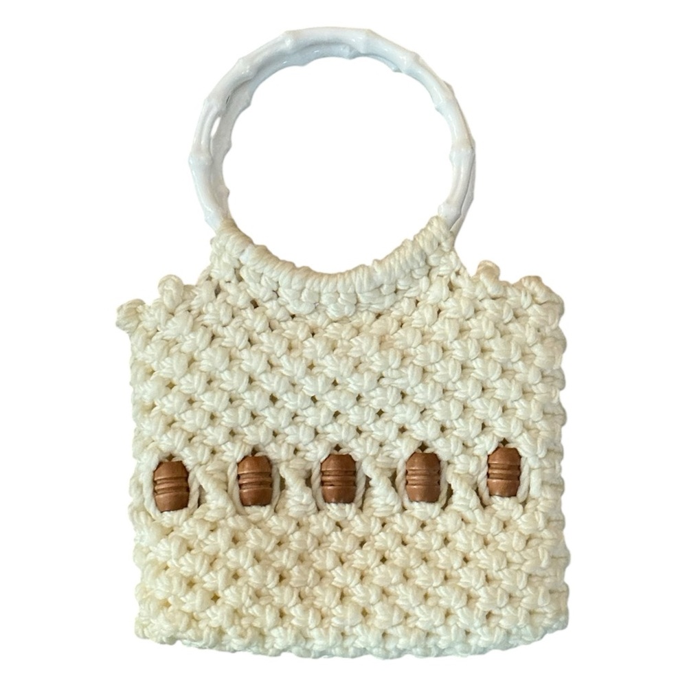 Handcrafted Crochet Bag with Wooden Bead Details and White Faux Bamboo Handles